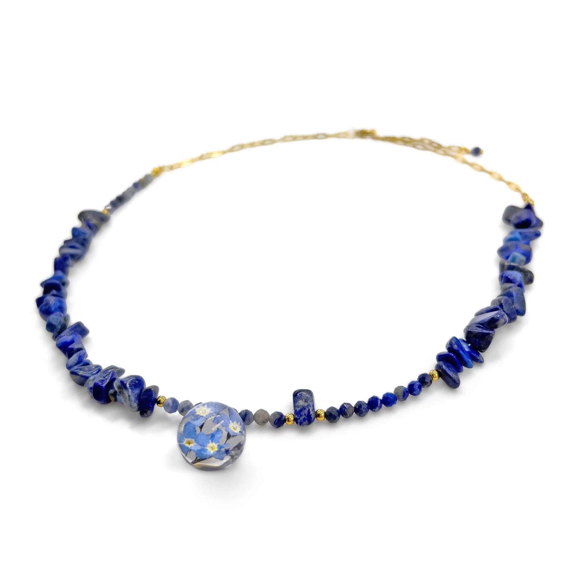Naszyjnik lapis lazuli, sodalit & niezapominajki